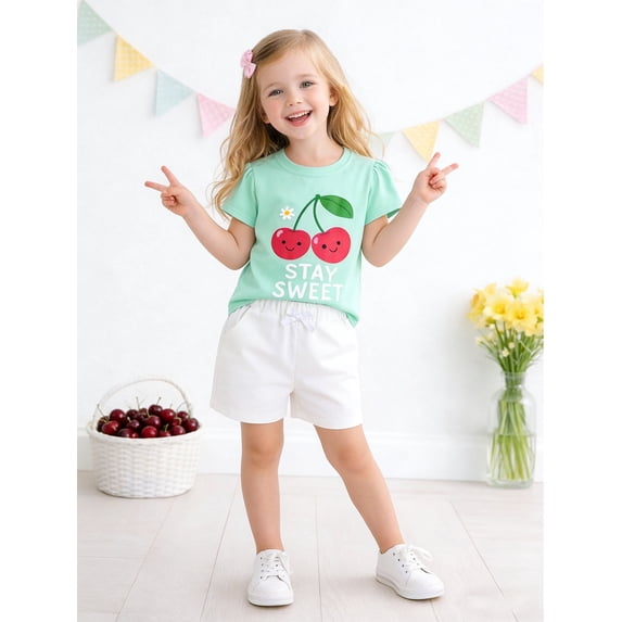 HILEELANG Toddler Girls 100% Cotton Stay Sweet Cherry Short Set, Sizes 4T