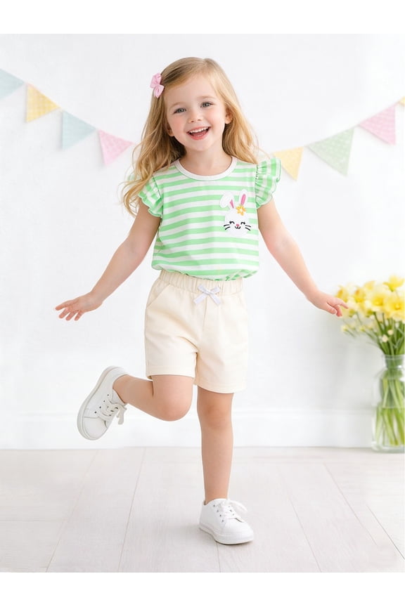 Toddler/Little Girls 2–7T Mint Stripe Bunny Flutter Sleeve Top and Shorts Outfit, Size 5T