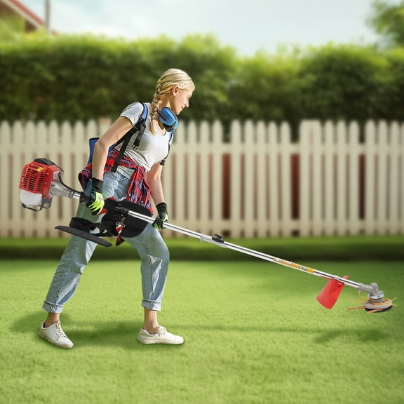 26CC Gas Powered Weed Wacker Trimmer with Dual Blade Heads, High-Speed 8500 RPM, Adjustable Handle, Carry Strap & Safety Lock for Lawn & Garden