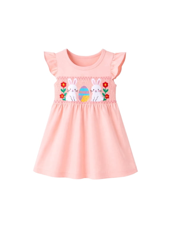2–7T Toddler/Little Girls Pink Bunny Easter Smocked Flutter Sleeve Dress Size 2T