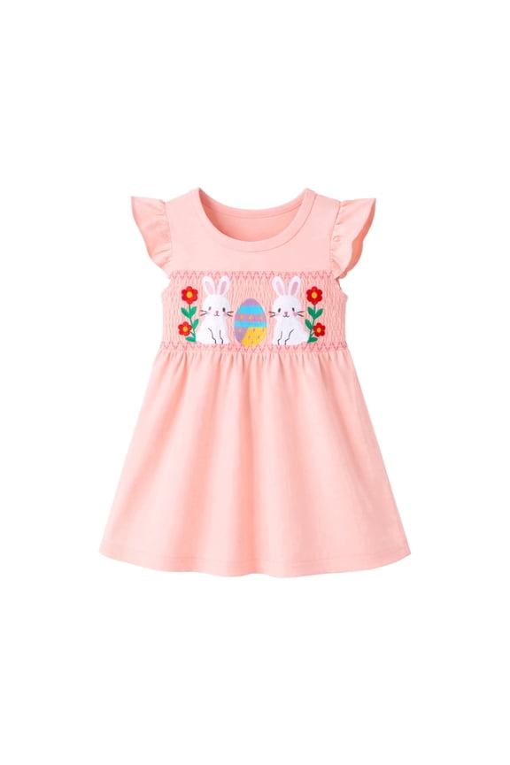 2–7T Toddler/Little Girls Pink Bunny Easter Smocked Flutter Sleeve Dress Size 3T
