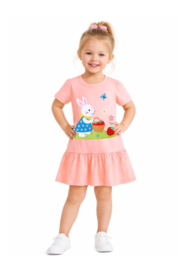 2–7T Toddler/Little Girls Pink Bunny Embroidered Casual Dress Size 4T