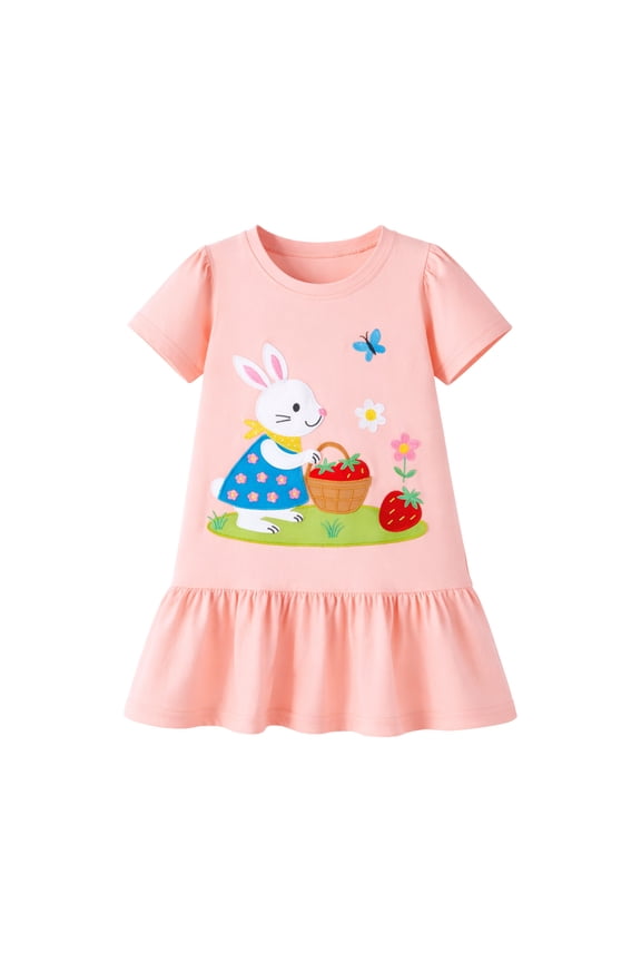 2–7T Toddler/Little Girls Pink Bunny Embroidered Casual Dress Size 4T
