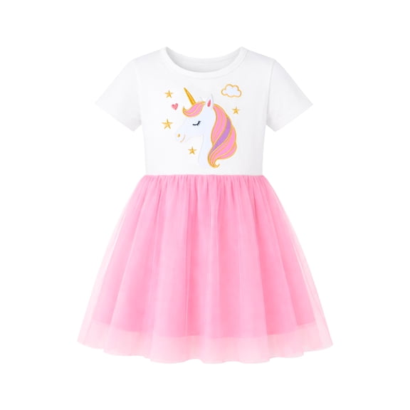 HILEELANG 2-7T Toddler Girls Unicorn Tulle Dress Short Sleeve Cotton Top with Pink Mesh Skirt 4T