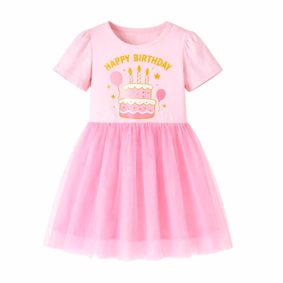 HILEELANG 2-7T Toddler Girls Birthday Tulle Dress Short Sleeve Pink Party Dress with Cake Print 2T
