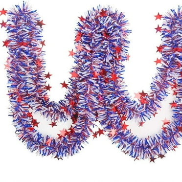 26FT 4th of July Patriotic Tinsel Garland Decoration Red White Blue Star Metallic Tinsel Twist Garland Independence Day Memorial Day Glitter Hanging Twist for Holiday Tree Decor