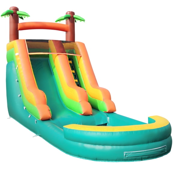 STICCIO 26ft Inflatable Water Slide with Blower, Double Lane Climbing Wall Water Cannon Deep Splash Pool, for Kids & Adults, Palm Tree Green