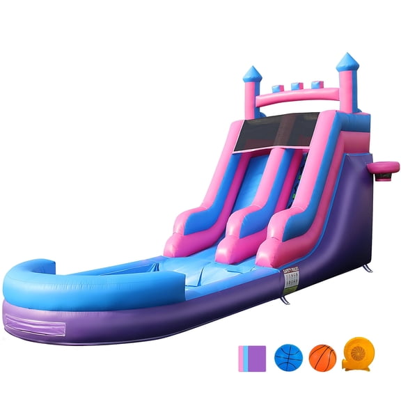 STICCIO 26ft Inflatable Water Slide with Blower, Double Lane Splash Pool with Basketball Set, for Kids & Adults Backyard Party, Purple