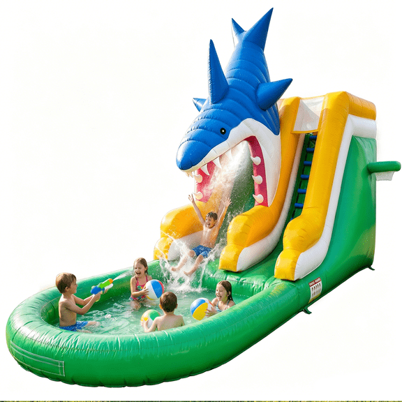 STICCIO 26ft Inflatable Water Slide with Blower, Giant Shark Double Lane Splash Pool with Basketball Set, Commercial Waterslide for Kids & Adults