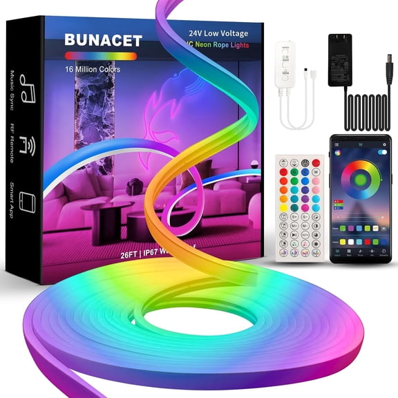 26FT LED Neon Rope Lights RGBIC, Strip Lighting with RF Remote & APP Control, Flexible IP67 Waterproof Outdoor, Music Sync, DIY Design, 24V  for Gaming Livingroom Wall Christmas Decor