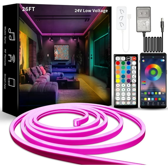 26FT LED Neon Rope Lights, SQHQ RGB Strips Light with RF Remote & APP Control,Flexible IP65 Waterproof Outdoor, Music Sync,DIY Design,24V LED Strip Lights for Gaming Livingroom Wall Christmas Decor