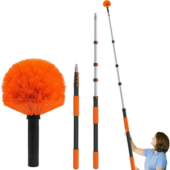 26FT Reach Cobweb Duster, Outdoor Spider Web Cleaner Brush with Professional 5-20FT Extension Pole, Non-Shedding Fluffy Bristles, Suitable for Ceiling and Corner Dusters for Indoor and Outdoor