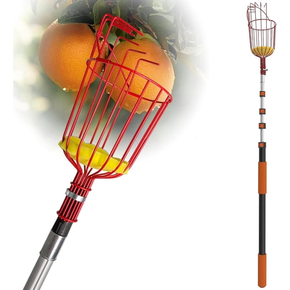26FT Reach Fruit Picker Pole, Telescopic Picking Pole with Gentle Grip Claw & Collapsible Basket, Adjustable Apple Picker Pole Tool for Avocado Orange Lemon Pear Mango