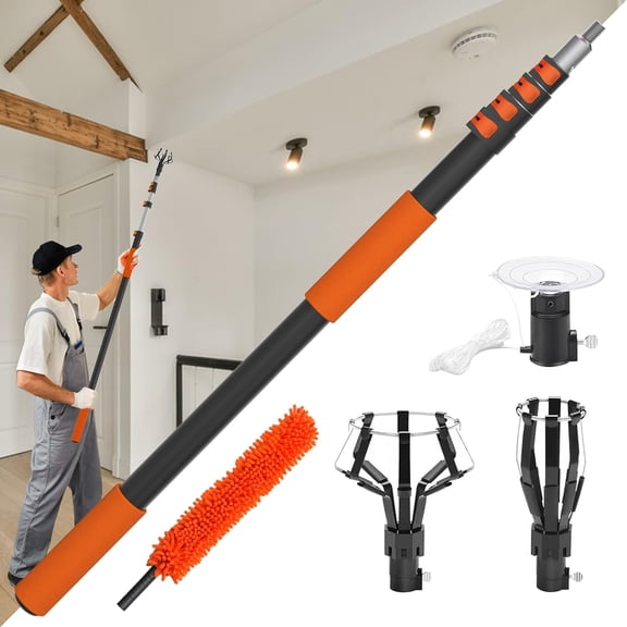 26FT Reach Light Bulb Changer for High Ceilings with 5-20FT Telescopic Extension Pole, Easy Flip-Tab Lock Bulb Changing Pole Extension with Basket and Suction Cup for Recessed Lights