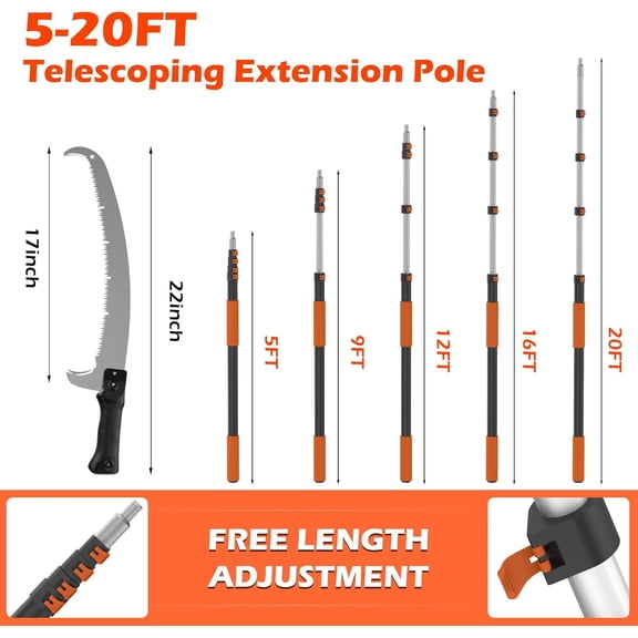 26FT Reach Pole Saws for Tree Trimming, Manual Pole Saw with 5-20FT Telescoping Extension Pole, Pruning Saw with 19" 3X Detachable Saw, Branches Pruner for Garden, Palms & Shrubs Yard Maintenance