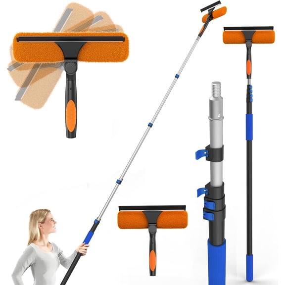 26FT Reach Window Squeegee for Window Cleaning Kit with 5-19 Foot Telescoping Extension Pole, 2 in 1 Window Squeegee, Cobweb Duster, Dust Kit Window Washing Kit for Car, Shower Glass Door