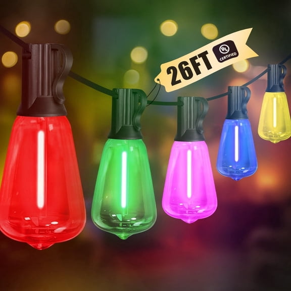 26FT ST38 Multicolor Edison String Lights, Dimmable Connectable Outdoor Hanging Lights for Patio, Yard & Easter Decor