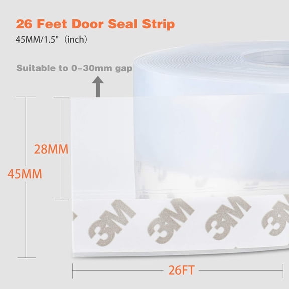 26FT Silicone Seal Strip, Transparent 45mm Self-Adhesive Door Weather Stripping Tape, Draft Stopper Gap Seal for Doors, Windows & Shower Glass Panels