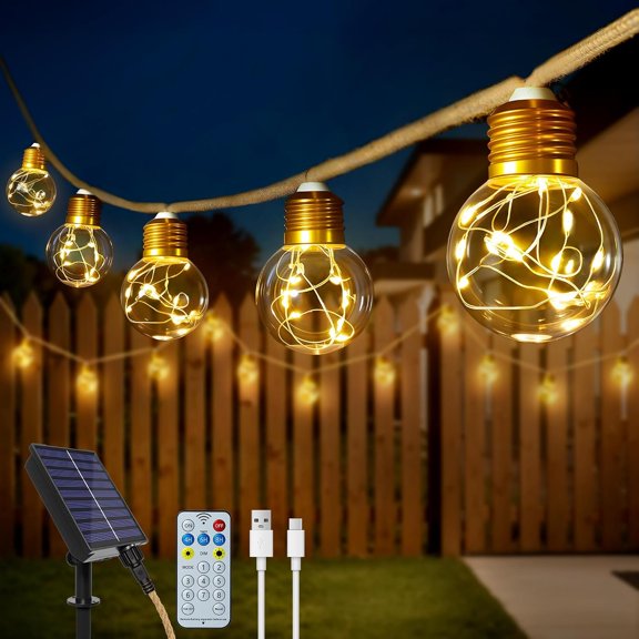 26FT Solar String Lights Outdoor, Remote Control Patio Lights with 16 LED Shatterproof Bulbs, Dimmable Timers & 8Modes Memory Function Rope Lights for Garden Bistro Fence