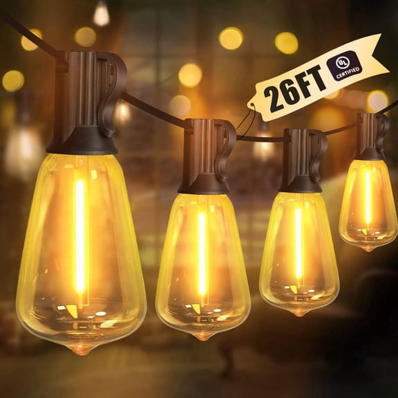 26FT Waterproof Outdoor String Lights, Connectable Patio Lights with 12+1 Shatterproof ST38 Edison Bulbs, Hanging Lighting for Garden, Porch, Party & Cafe Decor