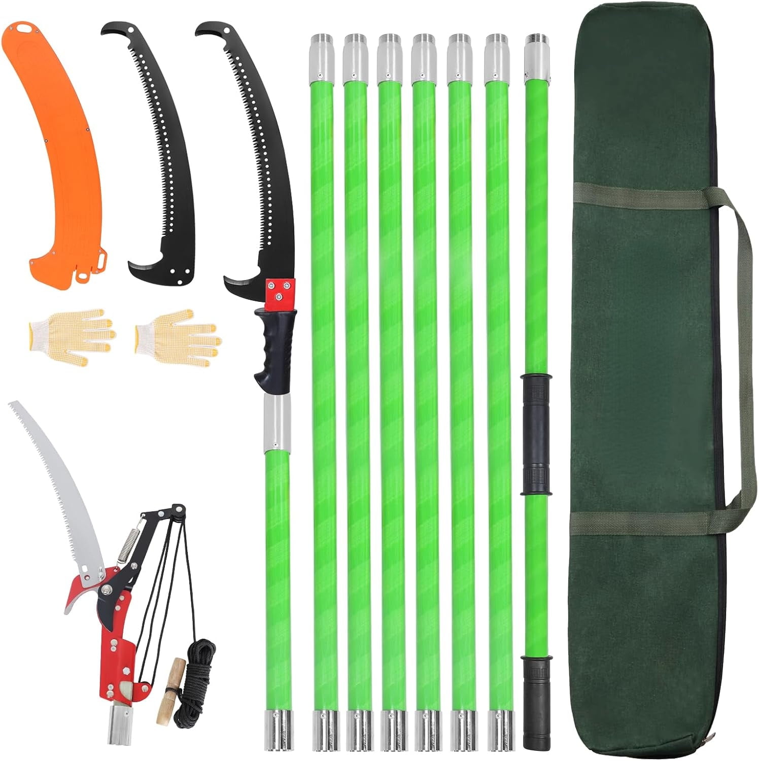 26Ft Manual Pole Saw, Tree Pole Pruner, High Branches Trimmer Saw, Garden Tools Set, Extendable Tree Trimming High And Low, Sharp Blade and Scissors With Storage Bag, Cutting for Palms and Shrubs