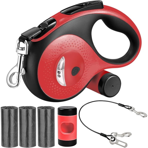 26Ft Retractable Dog Leash for Dog Up to 110lbs, Tangle Free Walking Leash, Heavy Duty Nylon Tape with Chew Proof Cable | LED Light | Dispenser | Poop Bags, Quick Lock Braking & Non-Slip Handle (Red)