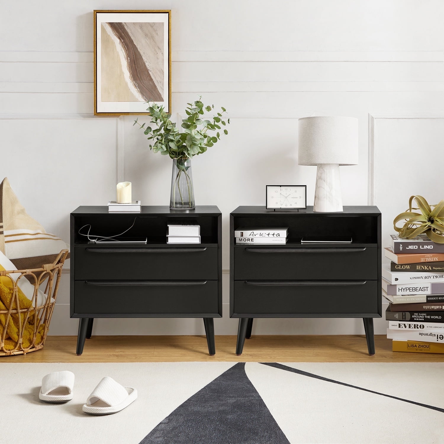 26" Tall 2-drawer Black End Table Set of 2 with Charging Station Table for Living Room
