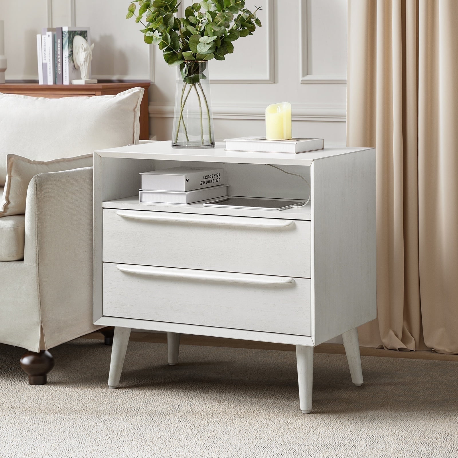 26" Tall 2-drawer End Table with Charging Station Table for Living Room White