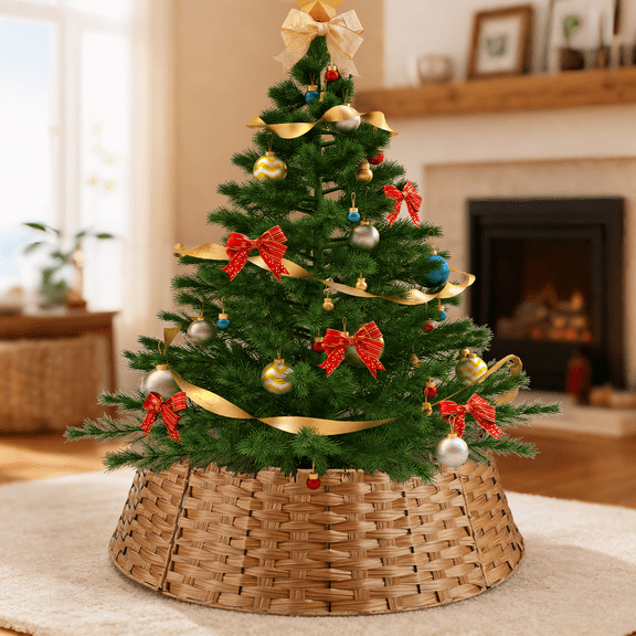 26Inch Christmas Tree Collar for Artificial Trees,Round Christmas Tree Ring,Woven Farmhouse Tree Base Cover,Christmas Tree Skirt for Christmas Tree Decorations (Light Brown)