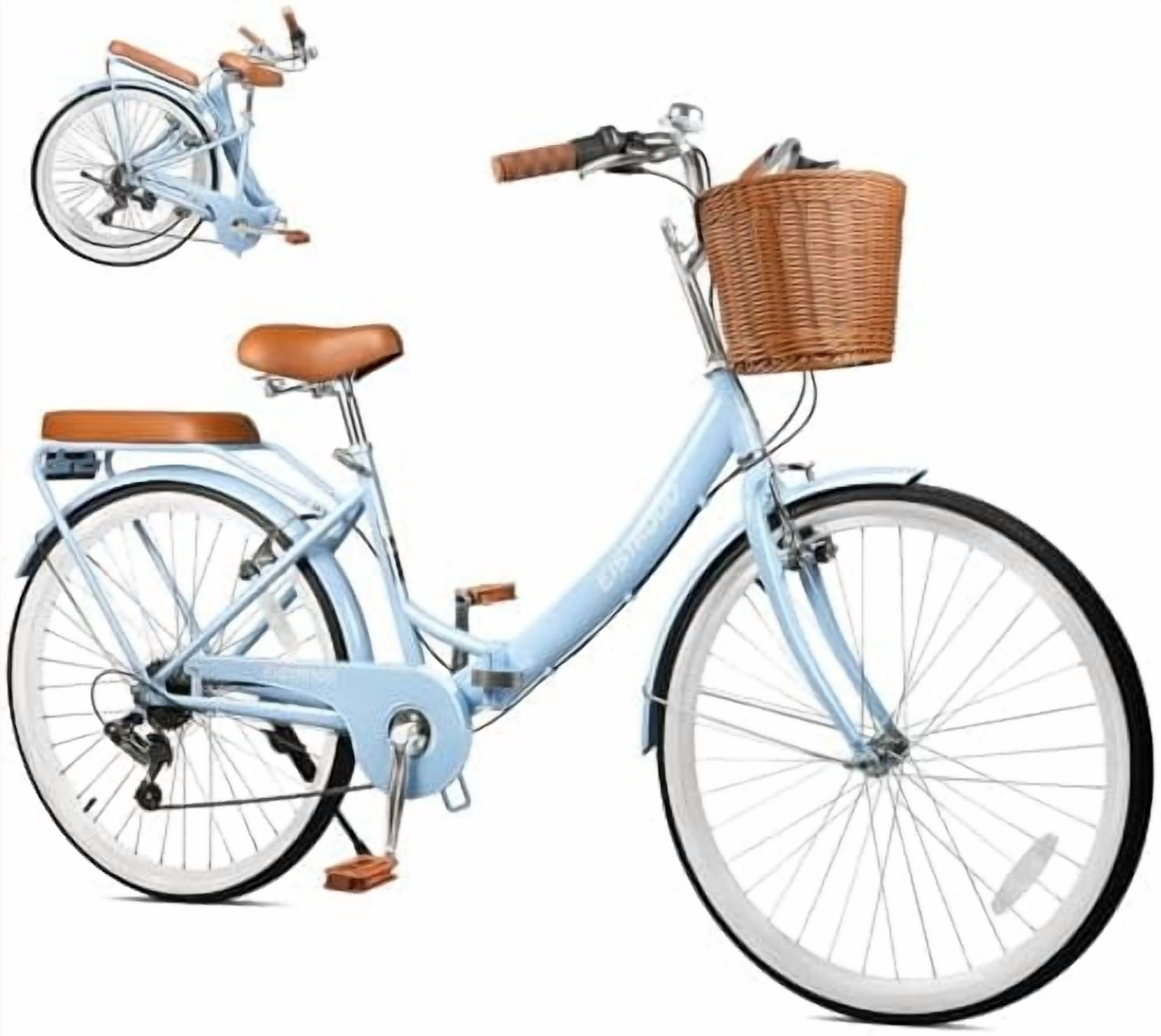 26Inch Foldable Beach Cruiser Bike for Women, Womens Folding Bike with Basket, 7 Speed Commute Folding Bicycles with Cushion, V-Brakes, Quick Install for Adults, Womens (Blue)