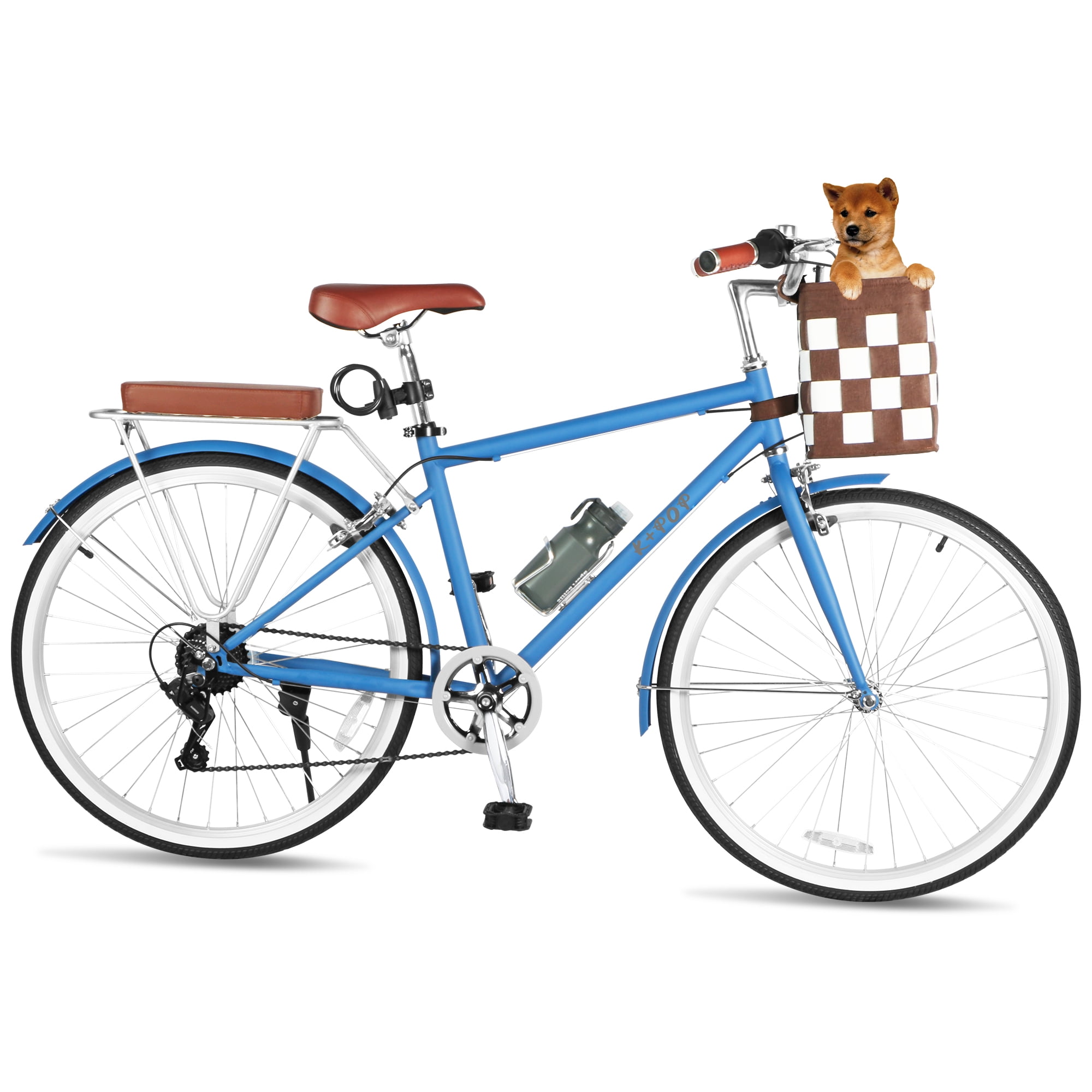 26Inch Men Bicycle, 7 Speed Beach Cruiser Bike for Men, High Carbon Steel Frame Bicycle with Basket, Commute Bike for Outdoor Holiday Beach Vocation,Blue