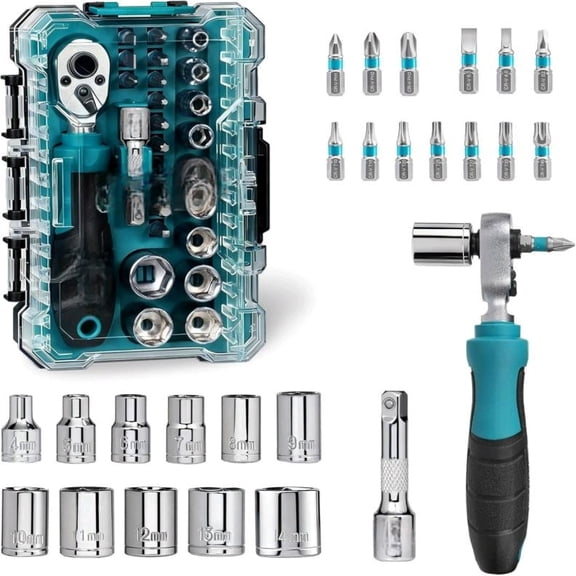 26PCS 1/4" Drive Mini Socket & Ratchet Wrench Set with Bits, 4-14mm Metric Shallow Sockets, Mini Ratchet Set, Screwdriver Bit Set, Extension Bar, with Storage Case for DIY, Auto Repair
