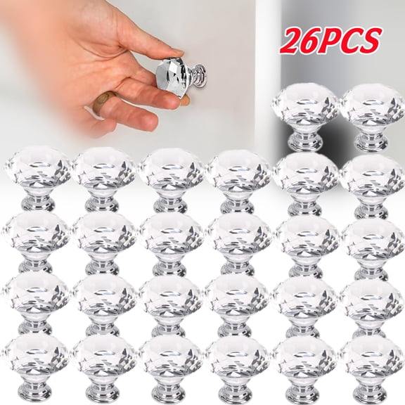 26PCS 25mm Crystal Clear Acrylic Cabinet Drawer Pulls, Diamond Shape Cupboard Knobs with Screws for Kitchen, Dresser, Cupboard, Bathroom, Wardrobe