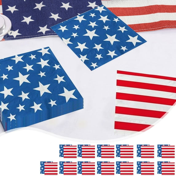 26PCS 4th of July Disposable Paper Napkins,6.5x6.5 Inches Patriotic Disposable Paper Cocktail Napkins for Independence Day,Home Kitchen Party Supplies,13 Pack of Stars + 13 Pack of Stripes