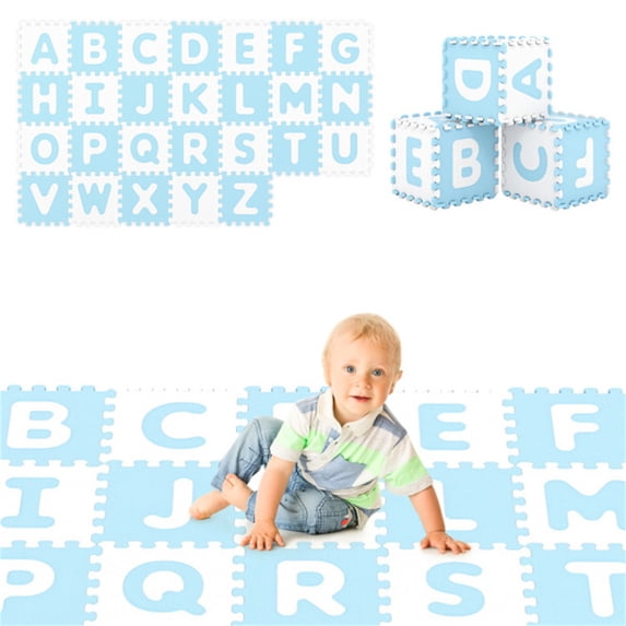 26PCS ABC Alphabet EVA Foam Play Mat, 31.75×31.75×1.02cm BPA-Free Non-Slip Floor Tiles for 10+ Months, Blue+White