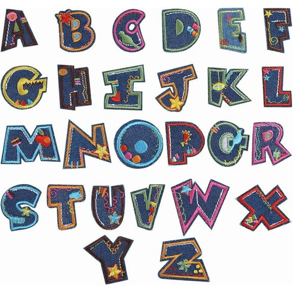 26PCS Alphabet Patches Colorful Embroidered Iron on Patch English Letters A-Z Applique Badge Flower Star Pattern for Denim Jackets Hats Fabric Clothes DIY Accessories Decorative Repair Colorful