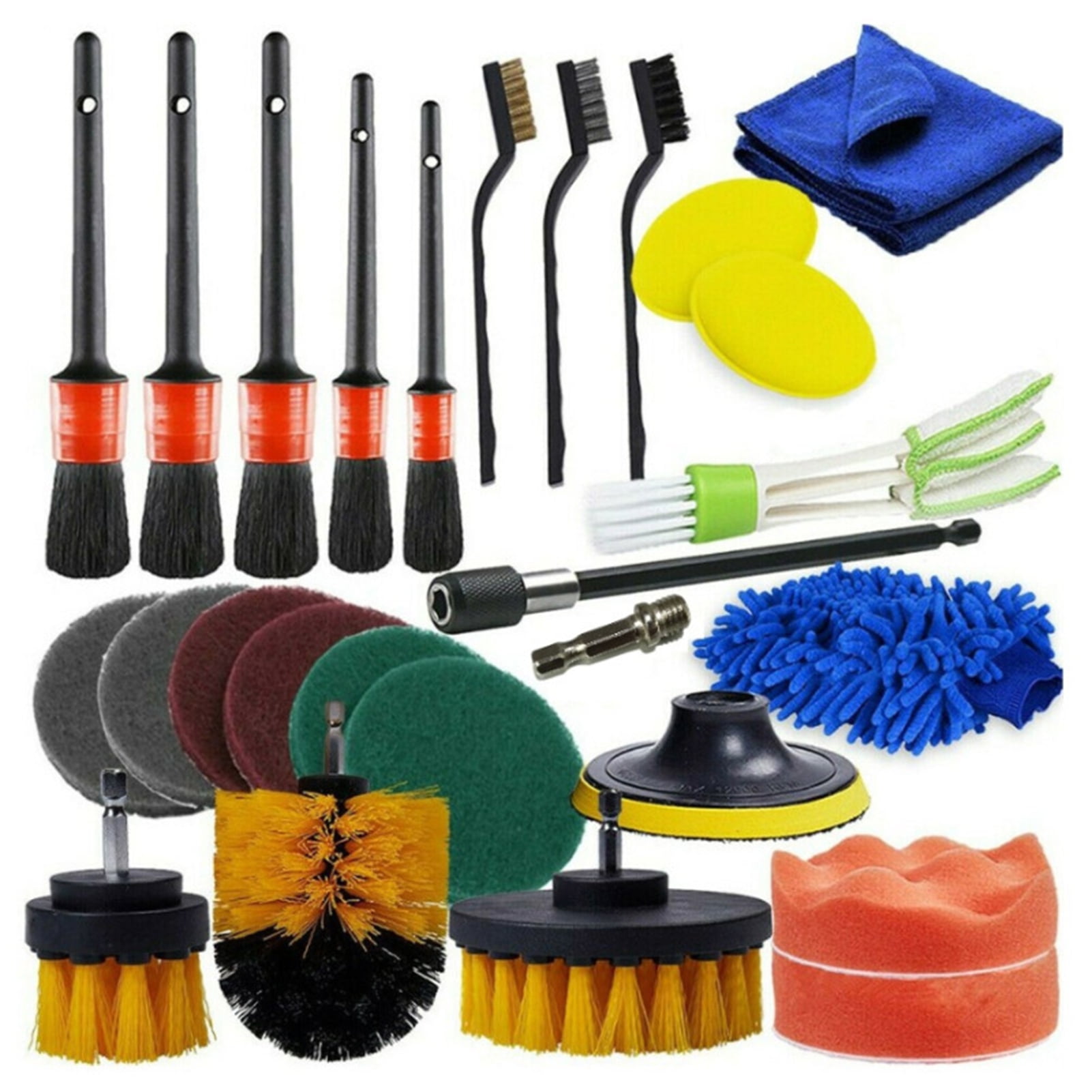 26PCS Car Detailing Brush Kit Drill Brush Set for Wheel, Exterior Interior Car Cleaning Set (Scrub Pads, Sponges, Detailing Brushes, Washing Mitt, Air Vent Brush, Cleaning Cloth)