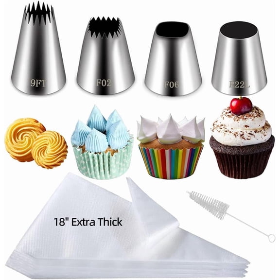 26PCS Extra Large Piping Tips & Pastry Bags Set, Jumbo Round/Square/Wide Star Frosting Nozzles for Churros, Eclairs, Macarons & Cupcakes, Includes 4 Large Icing Tips, 20 Pack 18 Inch Disposable Pastr