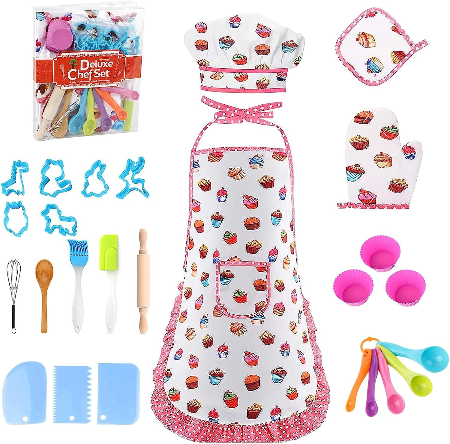 26PCS Kids Cooking and Baking Set Kids Chef Set Apron Chef Hat Kids Chef Role Play Costume Dress