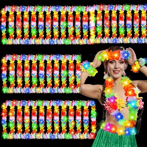 26PCS LED Luminous Hawaiian Flower Garland - Multi-Color Tropical Flower Necklace for Beach Theme Party, Wedding, Carnival, Festival