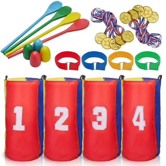 26PCS Outdoor Games Potato Sack Race Bags for Kids, Family and Adults, 3-Legged Race Bands, with Egg and Spoon Race Lawn Games for Outside Backyard Field Day Birthday Party Easter