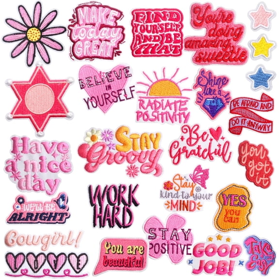 26PCS Positive Phrase Iron/Sew On Patches Assorted Inspirational Quotes Cute Pink Theme Embroidered Appliques for DIY Clothes T-Shirts Hats Backpacks Jeans Pants Decor