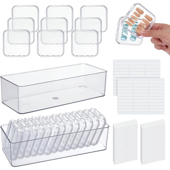 26PCS Press on Nail Storage Box with 2 Big Storage Boxes 60 Adhesive Double Sided Tape 100 Acrylic Nail Display Board Plastic Nail Display Box Fake Nail Case Clear Nail Packaging Boxes