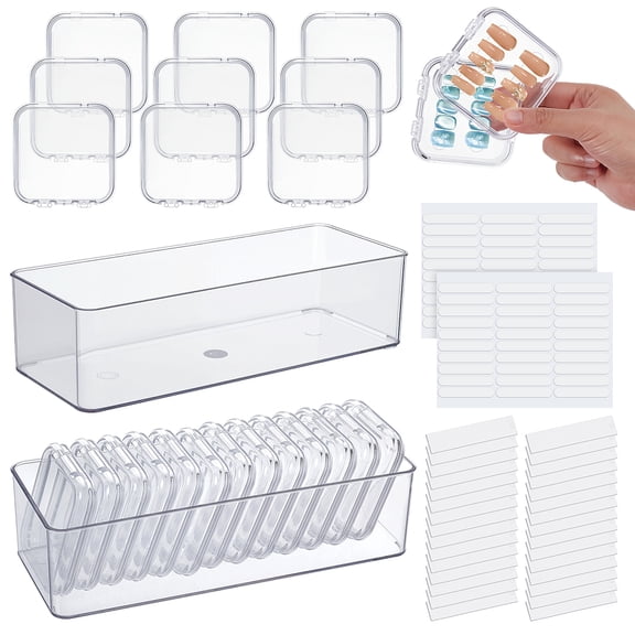 26PCS Press on Nail Storage Box 2 Big Storage Boxes Plastic Nail Display Box with 60PCS Adhesive Double Sided Tape and 100PCS Acrylic Nail Display