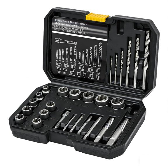 26PCS Screw Extractor Set and HSS Drill Bit Set Broken Screw Extractor Set, Easy Out Bolt Extractor Kit, with Hex Adapter, Bolt Extractor Kit for Removing Stripped, Damaged, Rusted Bolts and Nuts