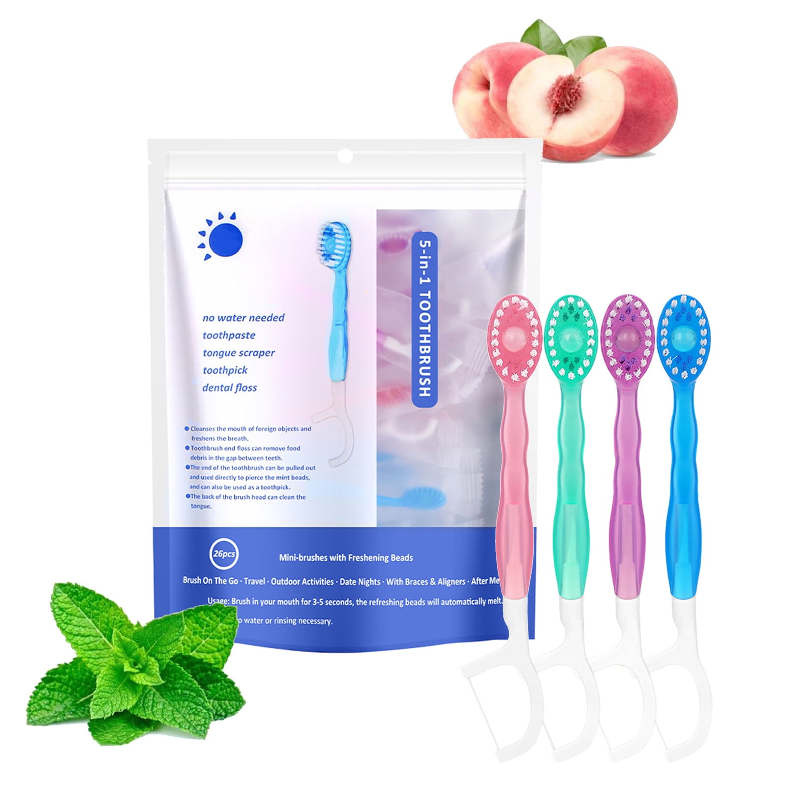 26Pack Mini Disposable Toothbrushes Set 5-in-1 Portable Pre-Pasted Travel Toothbrush with Toothpaste + Tongue Scraper + Floss + Pick Individually Wrapped Small Prepasted Toothbrush for Kids Adults