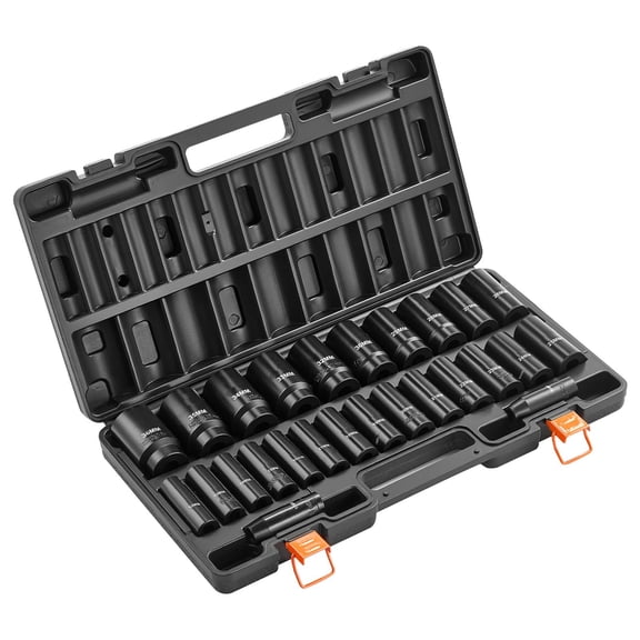 26Pcs 1/2" Drive Impact Socket Set, 6-Point Metric 10-30 & 32-36mm, Cr-V Alloy Steel, Storage Case for Auto Repair