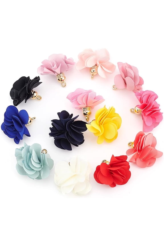26Pcs 13Colors Flower Cloth Pendants 25-30x28-35mm Floral Petal Tassel Charms with Golden Acrylic Bell Shaped Cap and 2mm Hole for DIY Earrings Necklace Jewelry Making Supplies for DIY