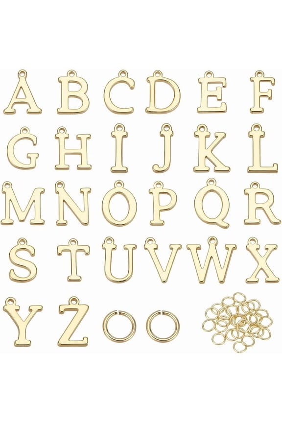26Pcs 18K Gold Filled A-Z Alphabet Letters Charms Smooth Alphabet Charms Gold Plated Initial Letter Charm Pendant Beads with Jump Rings for DIY Wristbands Bracelets Jewelry Making Gold DIY