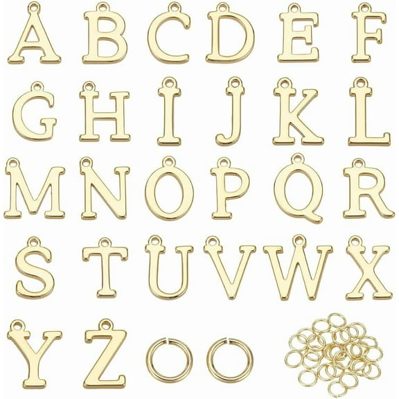 26Pcs 18K Gold Filled A-Z Alphabet Letters Charms Smooth Alphabet Charms Gold Plated Initial Letter Charm Pendant Beads with Jump Rings for DIY